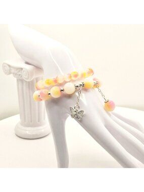 Butterfly Bracelet Set, Pink Yellow Beaded Bracelet Stack, Pastel Charm Bracelet